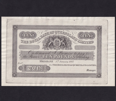 Australia, Royal Bank of Queensland, £10 obverse proof, Brisbane 1st January 1887, MVR1 Vort-Ronald, cats A$70,000 Renniks 24th Edition, Good EF