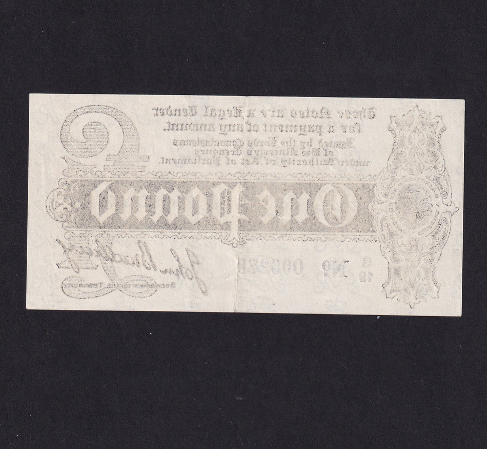 Treasury Series (T.3 type 3) Bradbury, £1, 1914, G19 006279, centre crease, otherwise EF