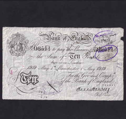 Bank of England (B209bf) Harvey, £10, 1st May 1919, Manchester branch( 36 notes recorded), 49V 08511, handstamps etc., Fine