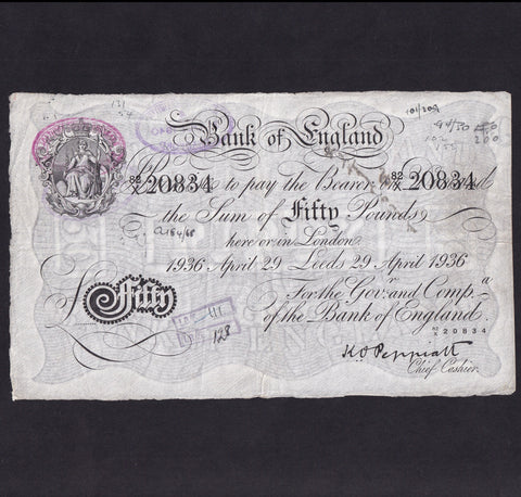 Bank of England (B244d) Peppiatt, £50, Leeds branch, 29th April 1936, Leeds branch handstamps etc., 82X 20834, only 12 recorded, Fine
