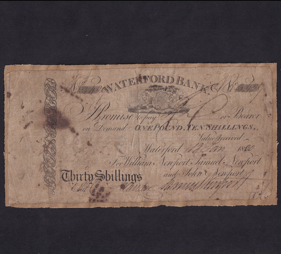 Ireland, Waterford Bank, 30 Shillings, 12th January 1820, for William Newport, PB346, stuck to paper, VG