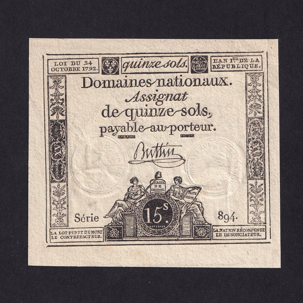 France (Assignats, PA54) 15 Sols, 1792, Good EF