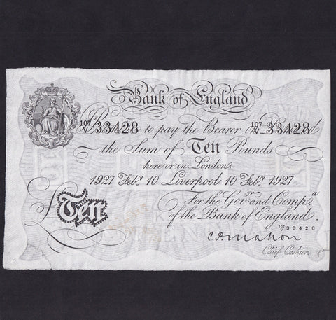 Bank of England (B216e) Mahon, £10, Liverpool branch( 21 notes recorded) , 10th February 1927, 107/V 33428, ink notations erased and repaired, splits at low and right, otherwise, VF