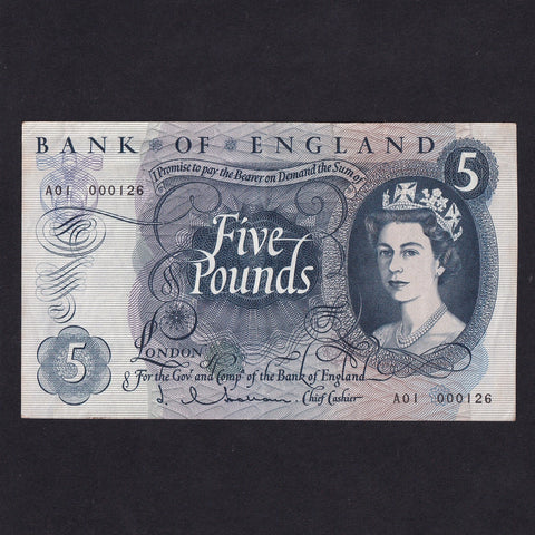Bank of England (B297) Hollom, £5, first million & superb low serial, A01 000126, Fine/VF