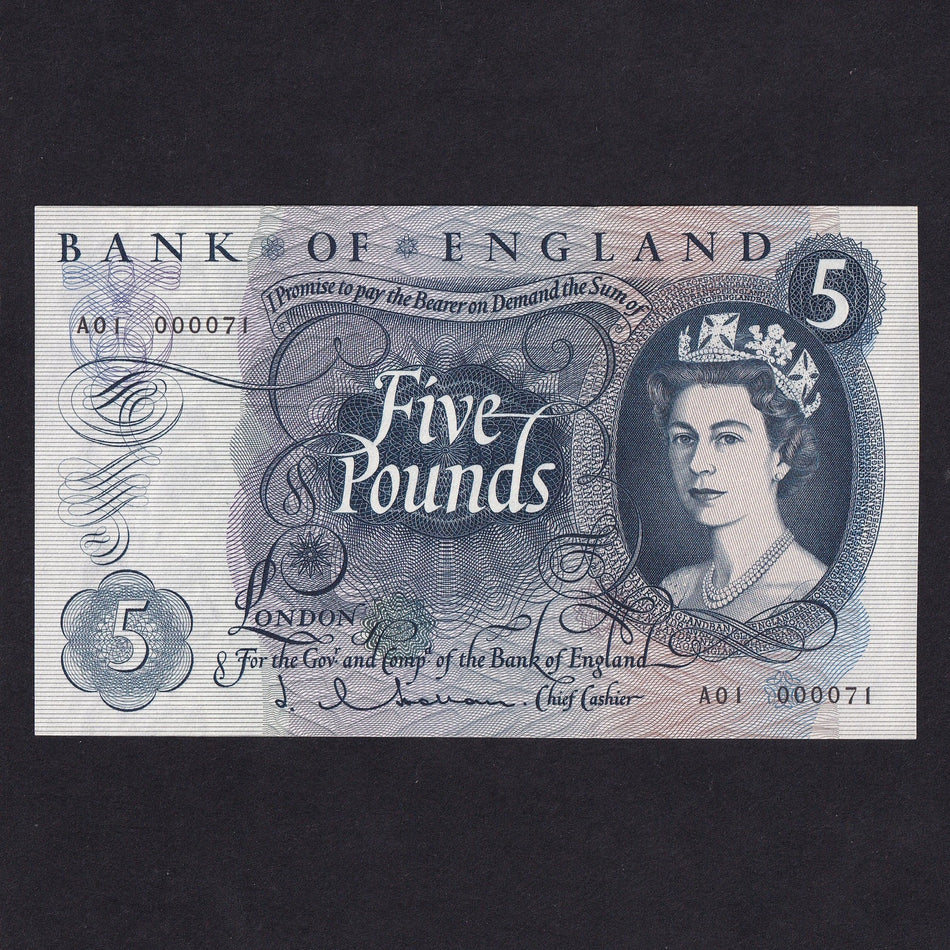 Bank of England (B297) Hollom, £5, first million & superb low serial, A01 000071, UNC