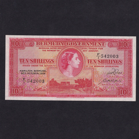 Bermuda (P19a) 10 Shillings, 20th October 1952, first date, QEII, F/1 542003, Good EF