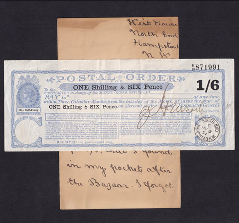 Postal Order, 1 Shilling & Six pence, 1891, 2nd issue, North End, Hampstead, EF