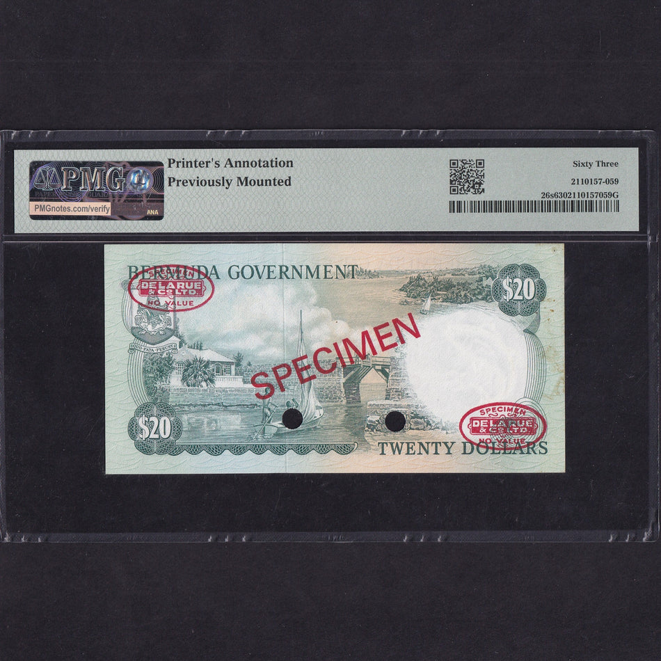 Bermuda (P26s) $20 specimen, 1970, A/1 000000, PMG 63, UNC