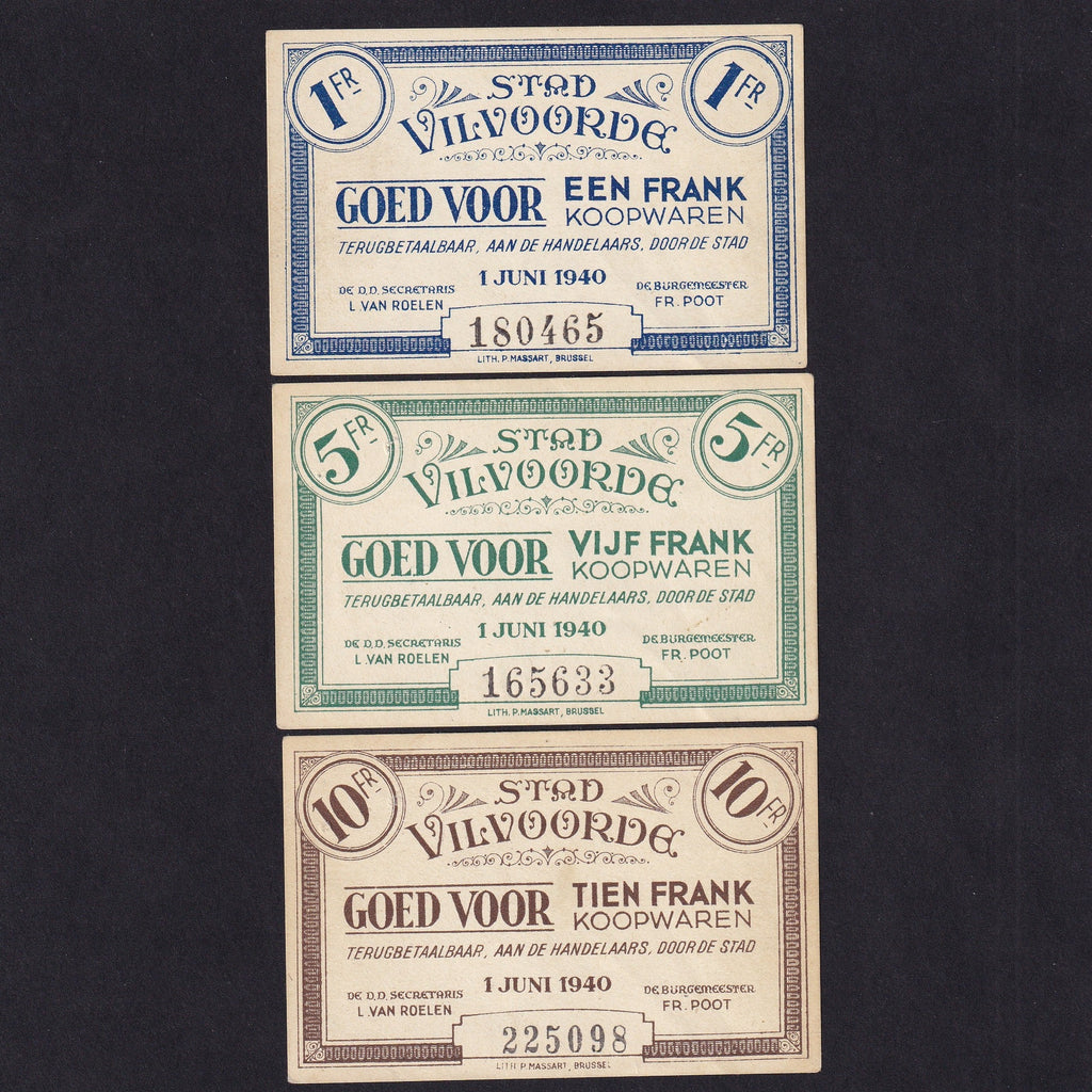 Belgium, WWII emergency issue, 1, 5 & 10 Franks (3 notes), 1940, SB1421-23, VF