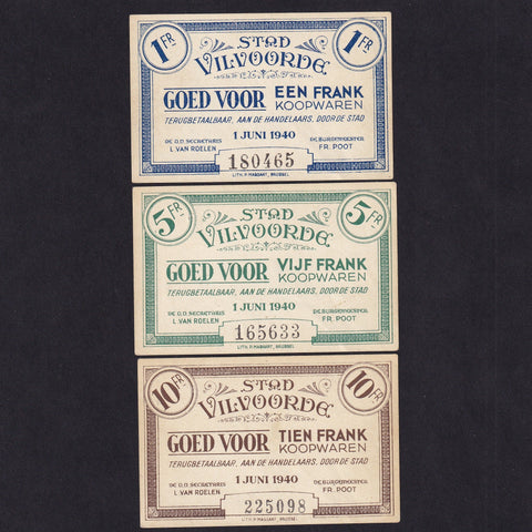 Belgium, WWII emergency issue, 1, 5 & 10 Franks (3 notes), 1940, SB1421-23, VF