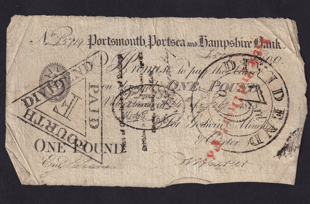 Provincial - Portsmouth, Portsea and Hampshire Bank £1 (1818) for Godwin, Minchin & Carter, Outing 1742e, VG