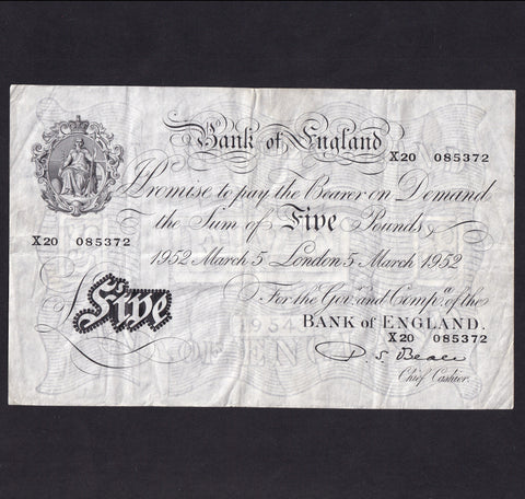 Bank of England (B312) Beale, £5, 5th March 1952, X20 085372, Good Fine