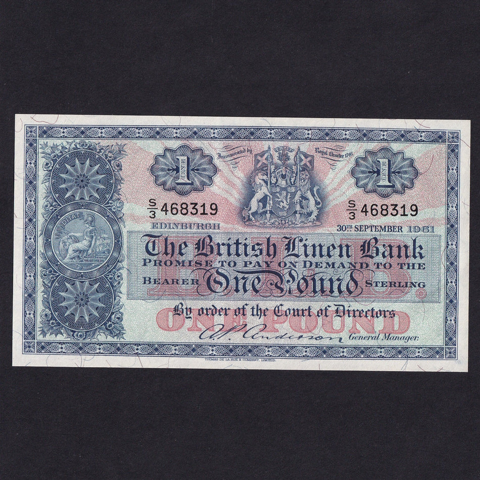 Scotland (P162) British Linen Bank, £1, 30th September 1961, Anderson signature, S/3, BL70, centre fold, Good EF