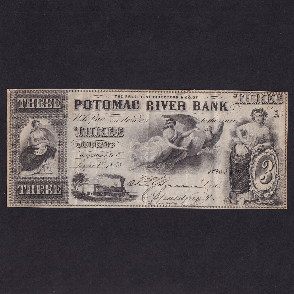 US Obsolete - Potomac River Bank, $3, 1855, slight rust, Good VF