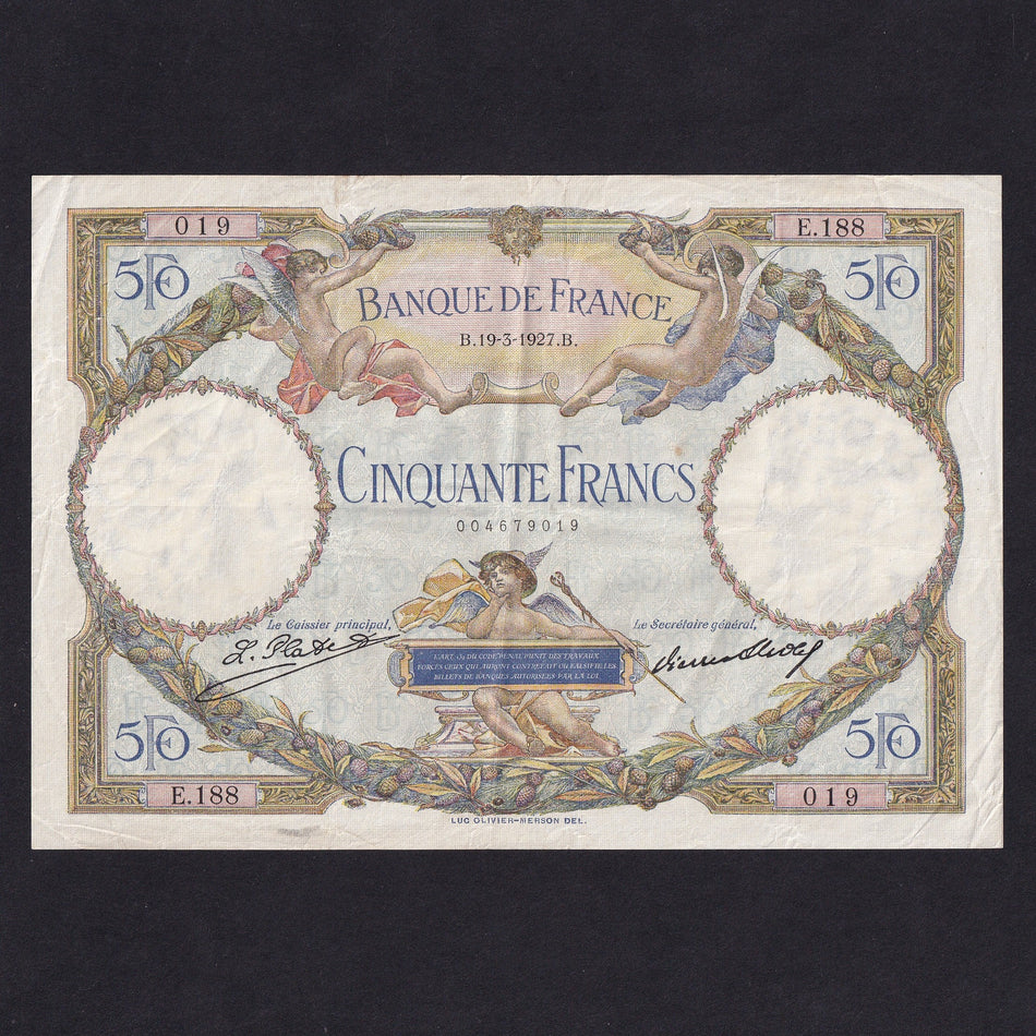 France (P77a) 50 Francs, 19th March 1927, E188019, artist's name Luc-Oliver Merson, pinholes, Good VF