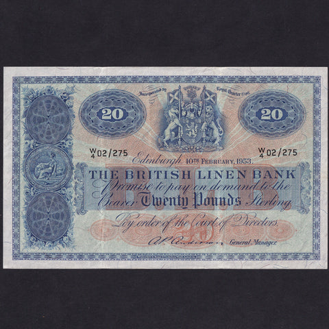 Scotland (P159b) British Linen Bank, £20, 10th February 1953, W/4 02/275, BL68e, A/EF