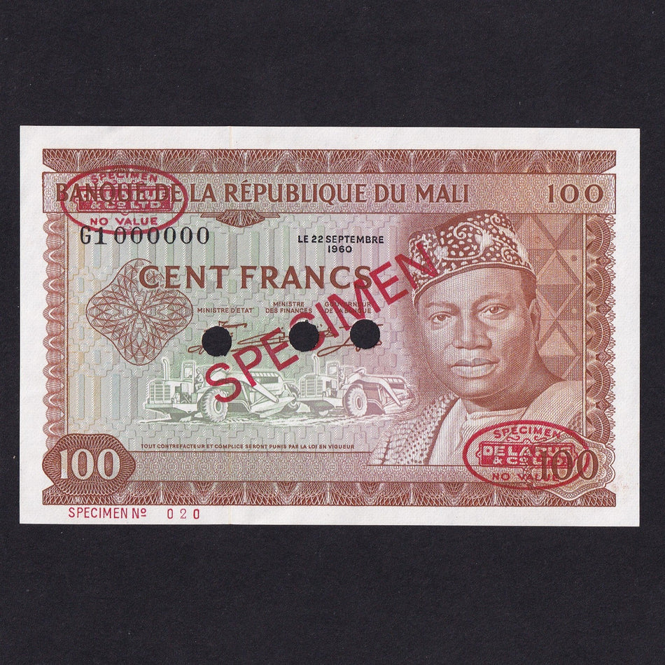 Mali (P7s) 100 Francs specimen, 22nd September 1960, G1 000000, UNC