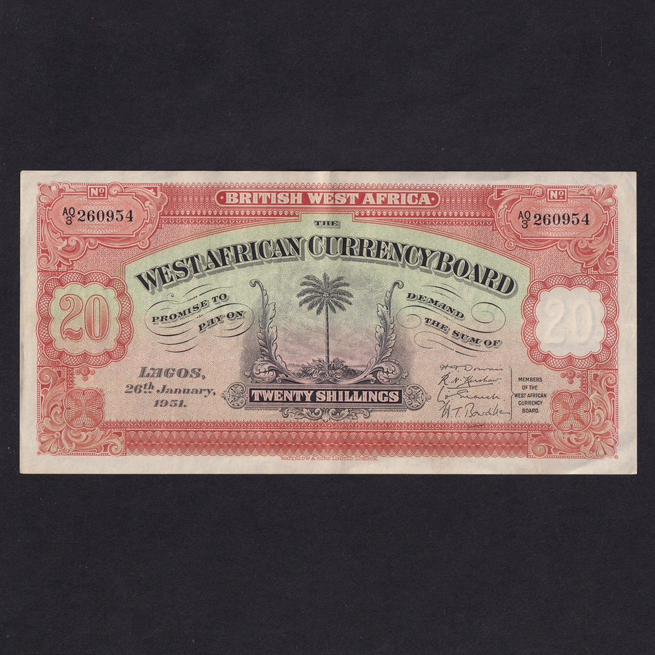 British West Africa (P8b) 20 Shillings, 26th January 1951, AQ/3 260954, A/EF