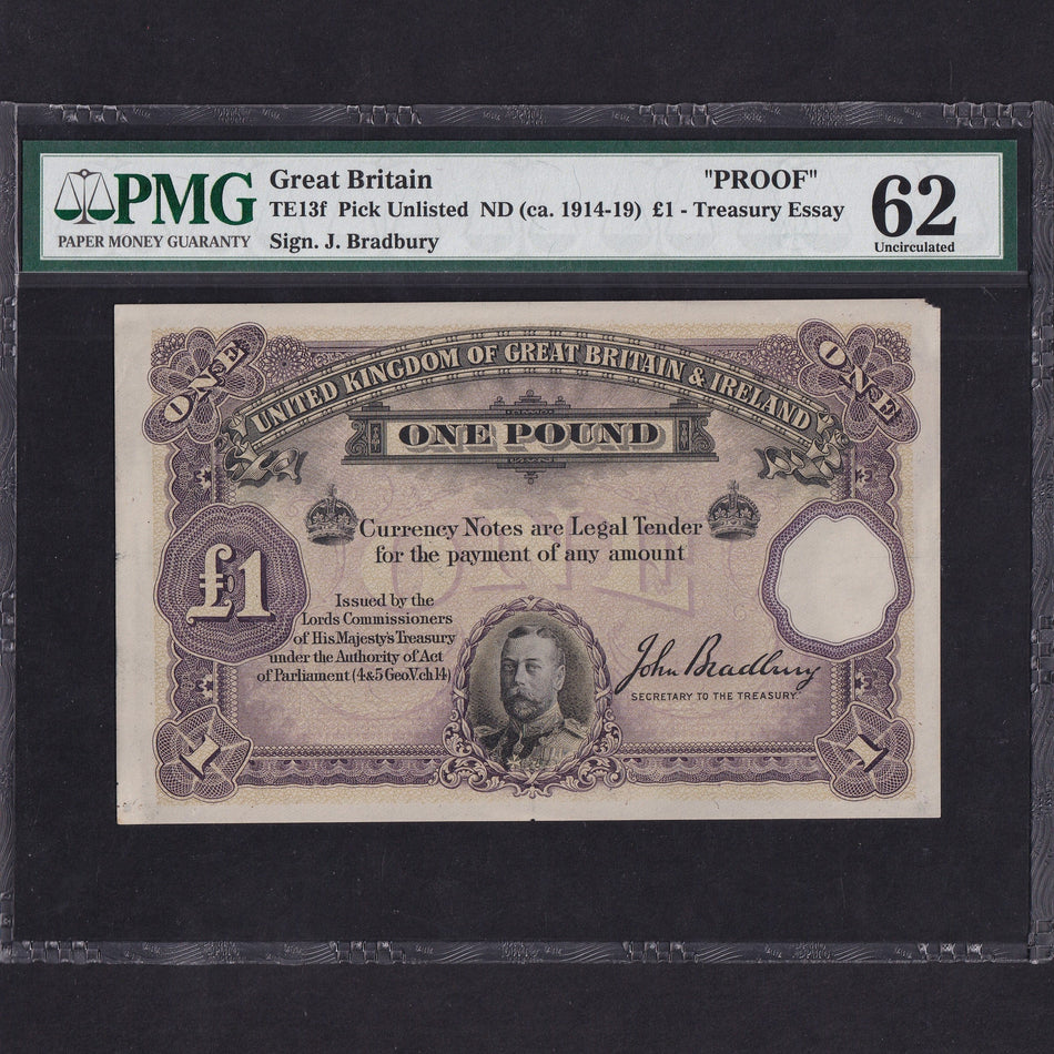 Treasury Essay (TE13f) Bradbury, £1 proof, ND (c.1914-19), ex-Lou Manzi collection, corner tip missing, PMG62, UNC