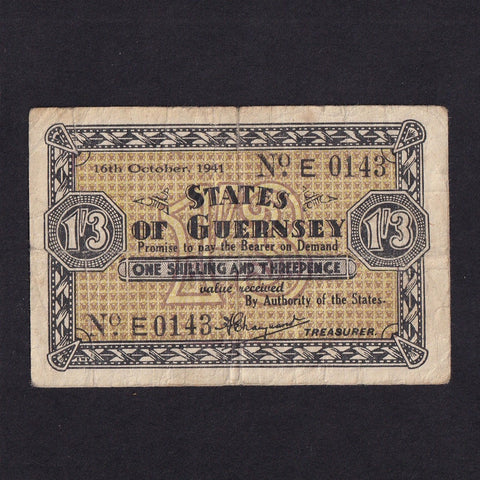 Guernsey (P23) One Shilling & Threepence, 16th October 1941, E0143, VG/Fine