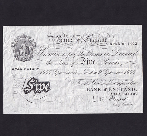 Bank of England (B276) O'Brien, £5, 9th September 1955, A74A 041402, A/VF