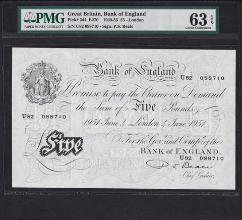 Bank of England (B270) Beale, £5, 4th April 1951, U82 088710, PMG wrapper cut open, UNC