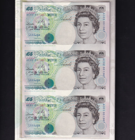 Bank of England (C108) Kentfield, strip of 3 £5 notes, AC01, AC02 & AC03 0001367, UNC