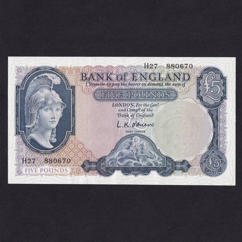 Bank of England (B280) O'Brien, £5, first series, H27, centre fold, otherwise EF