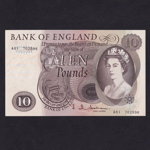 Bank of England (B299) Hollom, £10, first million, A01 702596, Good EF