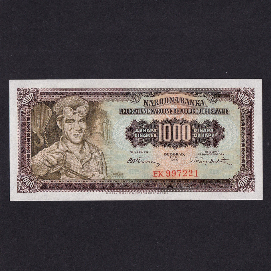 Yugoslavia (P.71b) 1000 Dinara, 1st May 1955, plate no.2 at lower right, A/UNC