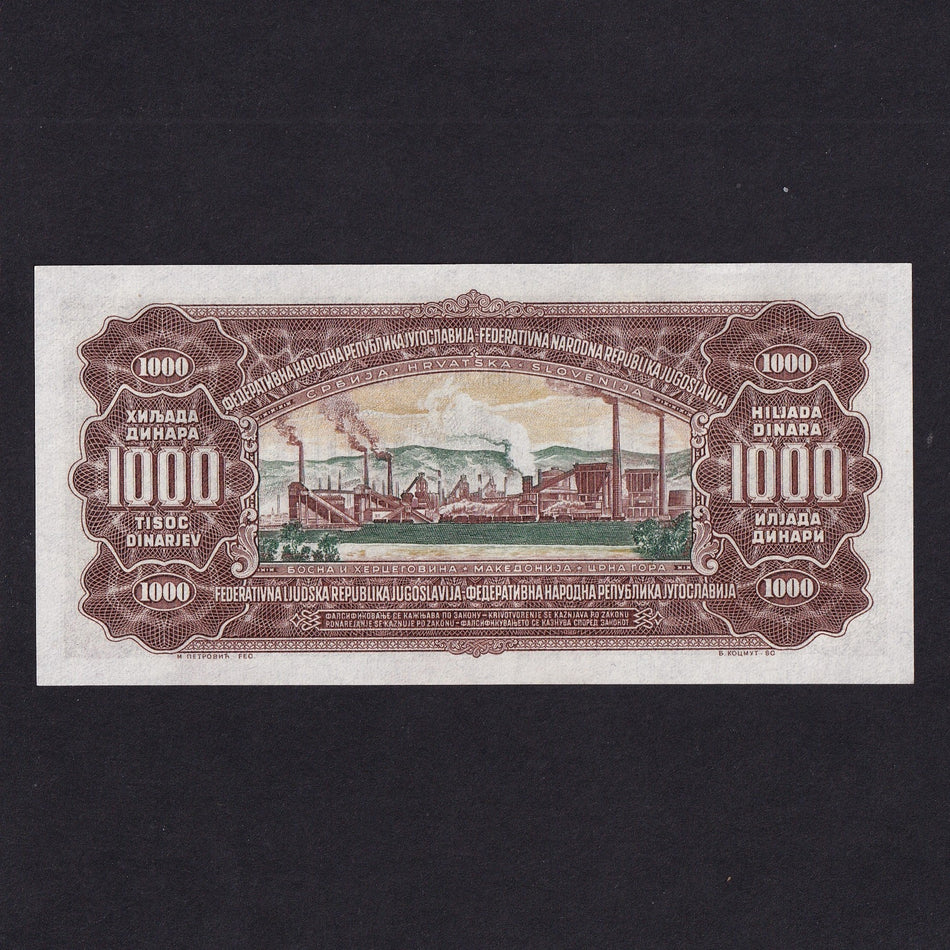 Yugoslavia (P.71b) 1000 Dinara, 1st May 1955, plate no.2 at lower right, A/UNC