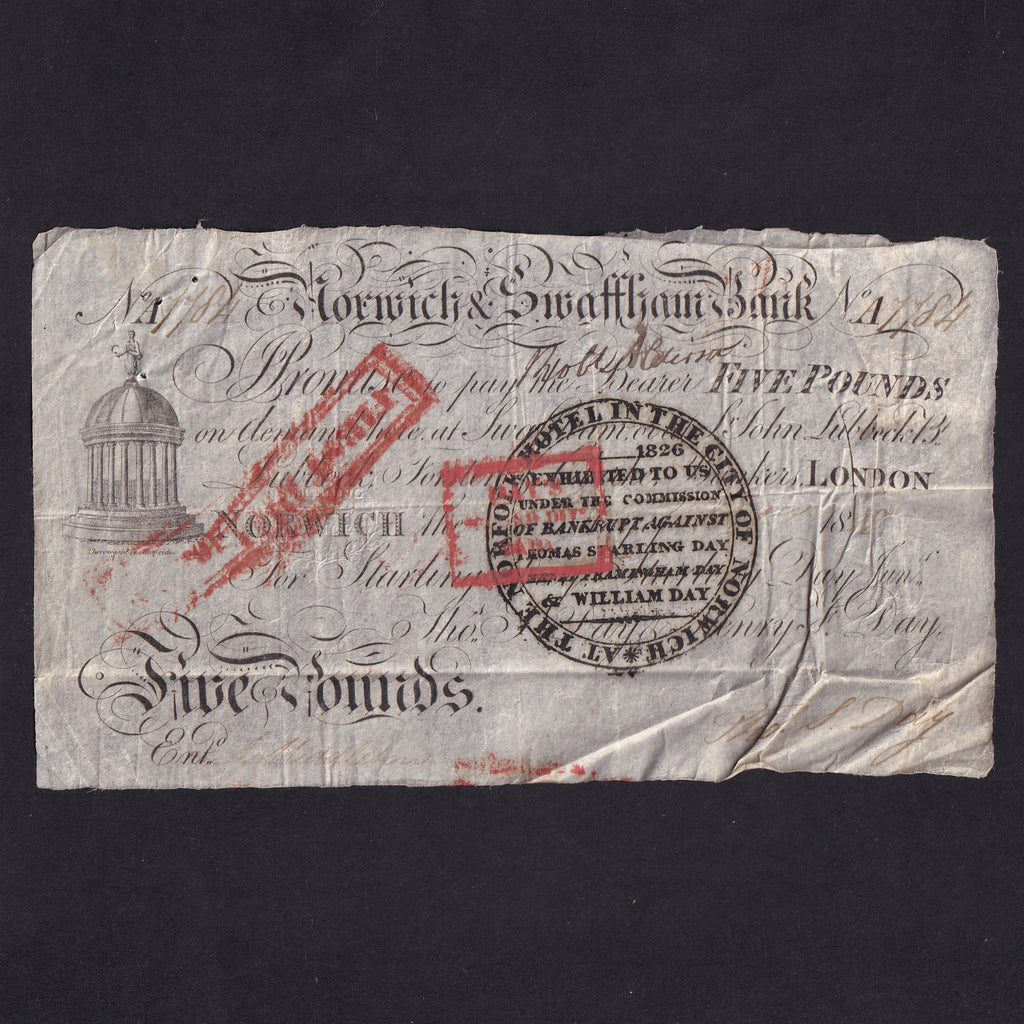 Provincial - Norwich & Swaffham, £5, 1818, for Starling Day etc., No.A7784, Outing 1609j, pinholes but attractive, VF
