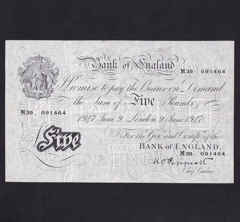 Bank of England (B264) Peppiatt, £5, 9th June 1947, thin paper, M39 091464, VF