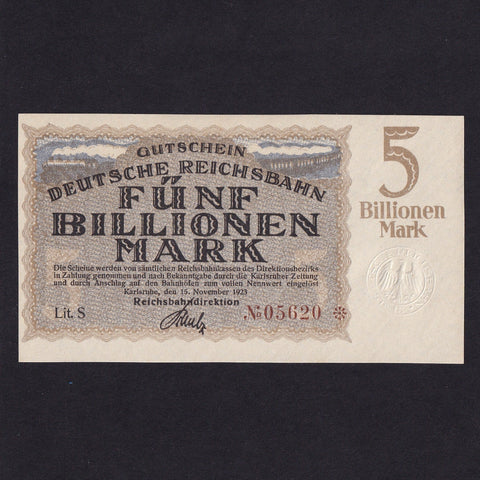 Germany (PS1279) 5 Billion Mark, Reichsbahn, Karlsruhe, Good EF