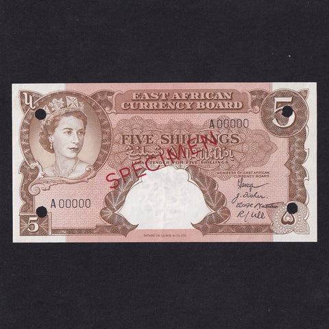 East Africa (P37) 5 Shillings specimen, A00000, QEII, fold, otherwise EF+