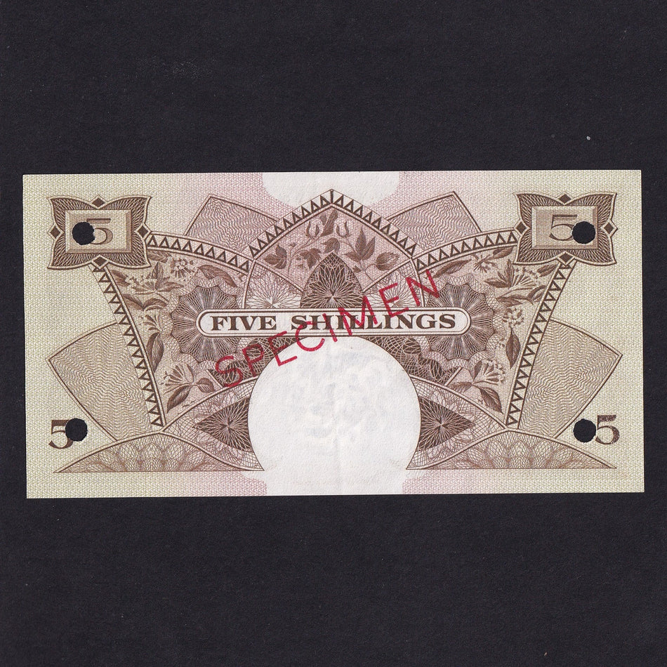 East Africa (P37) 5 Shillings specimen, A00000, QEII, fold, otherwise EF+