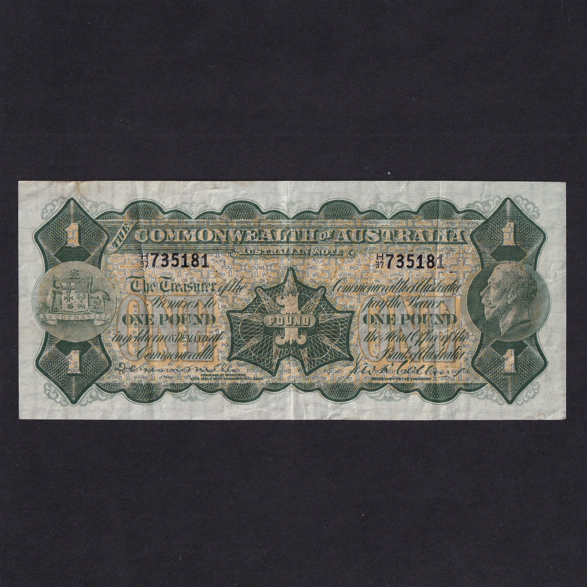 Australia (P11b) £1, ND (1923), King George V, Miller/ Collins, Captain Cook's landing at Botany Bay reverse, H37 735181, without imprint, small prefix letter, R23b, A/VF