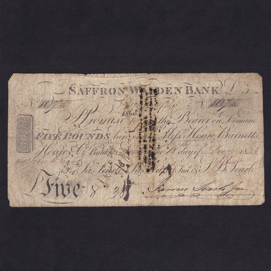 Provincial - Saffron Walden, £5, 1823, for James Searle etc., initials at left, Outing 1848c, VG/Fine