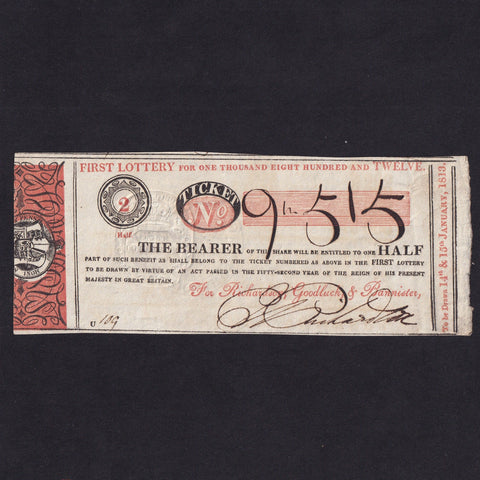 England, First Lottery for One Thousand Eight Hundred and Twelve (1812), ticket no.9515, red and black, for Richard, Goodluck & Co., Stock-brokers, Cornhill & Charring Cross, London