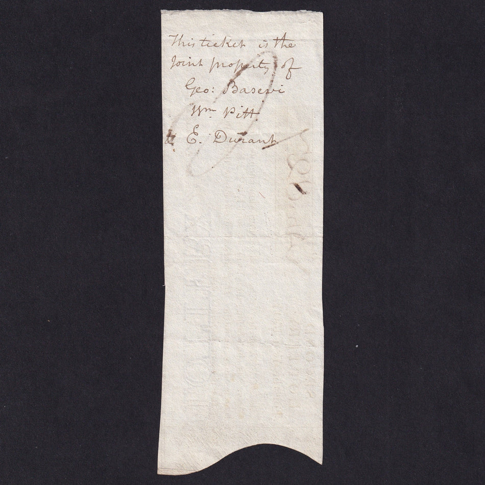 England, Second Lottery For the Year 1803, 'this ticket is the joint property of Geo Baseri, Wm Pitt & E. Durant' written on reverse, EF