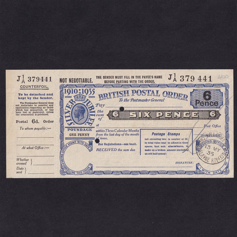 Britain, Six Pence postal order, King George V, Silver Jubilee, J1/A 379 441, with counterfoil, Good EF