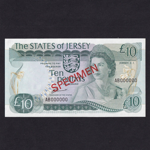 Jersey (P13as) £10 specimen, Clennett, AB000000, UNC