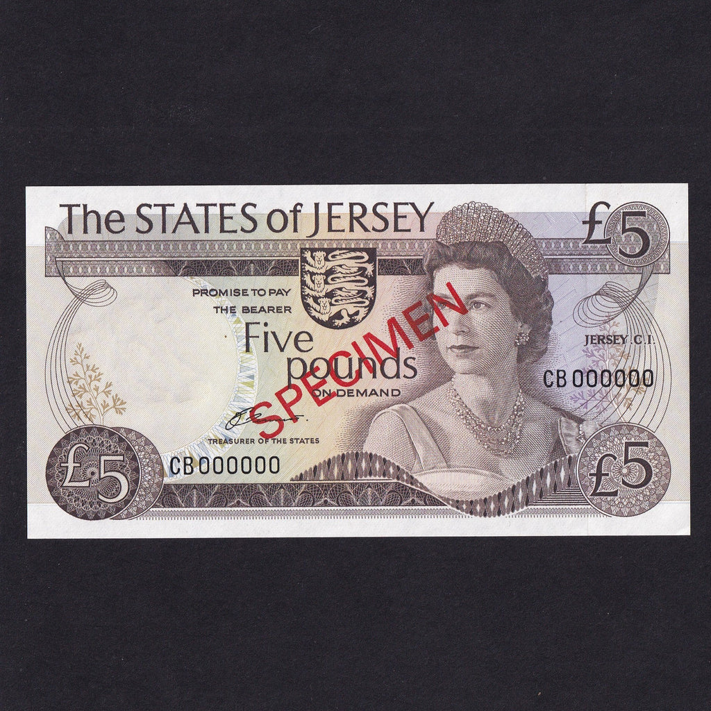 Jersey (P12as) £5 specimen, Clennett, CB000000, UNC