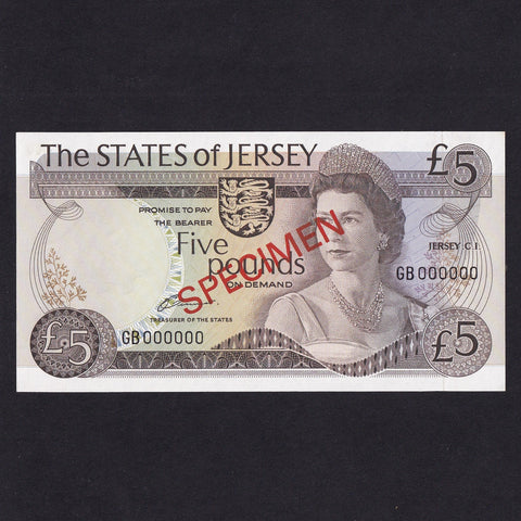 Jersey (P12as) £5 specimen, Clennett, GB000000, UNC