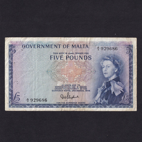 Malta (P27a) £5, 1961, QEII, A/3 929686, Shepherd signature, pinholes & tears, VG