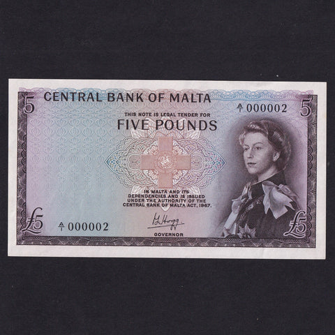 Malta (P30) £5, 1967, A/1 000002, Hogg signature, QEII, A/UNC
