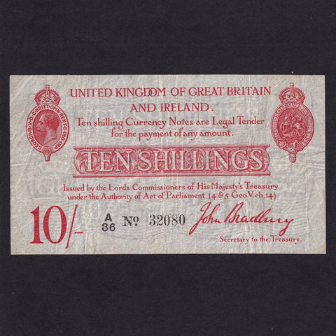 Treasury Series (T12 type 1) Bradbury, 10 Shillings, 1914, A36 32080, De La Rue, Fine