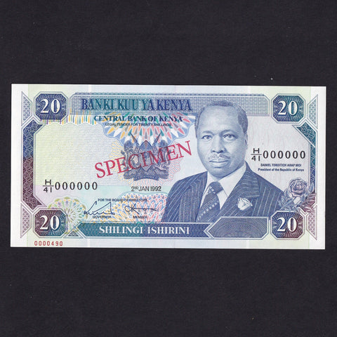 Kenya (P25s) 20 Shilling specimen, 2nd January 1992, H/41 000000, UNC