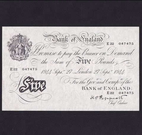 Bank of England (B255) Peppiatt, £5, 27th September 1944, thick paper, E22 047475, pressed, VF