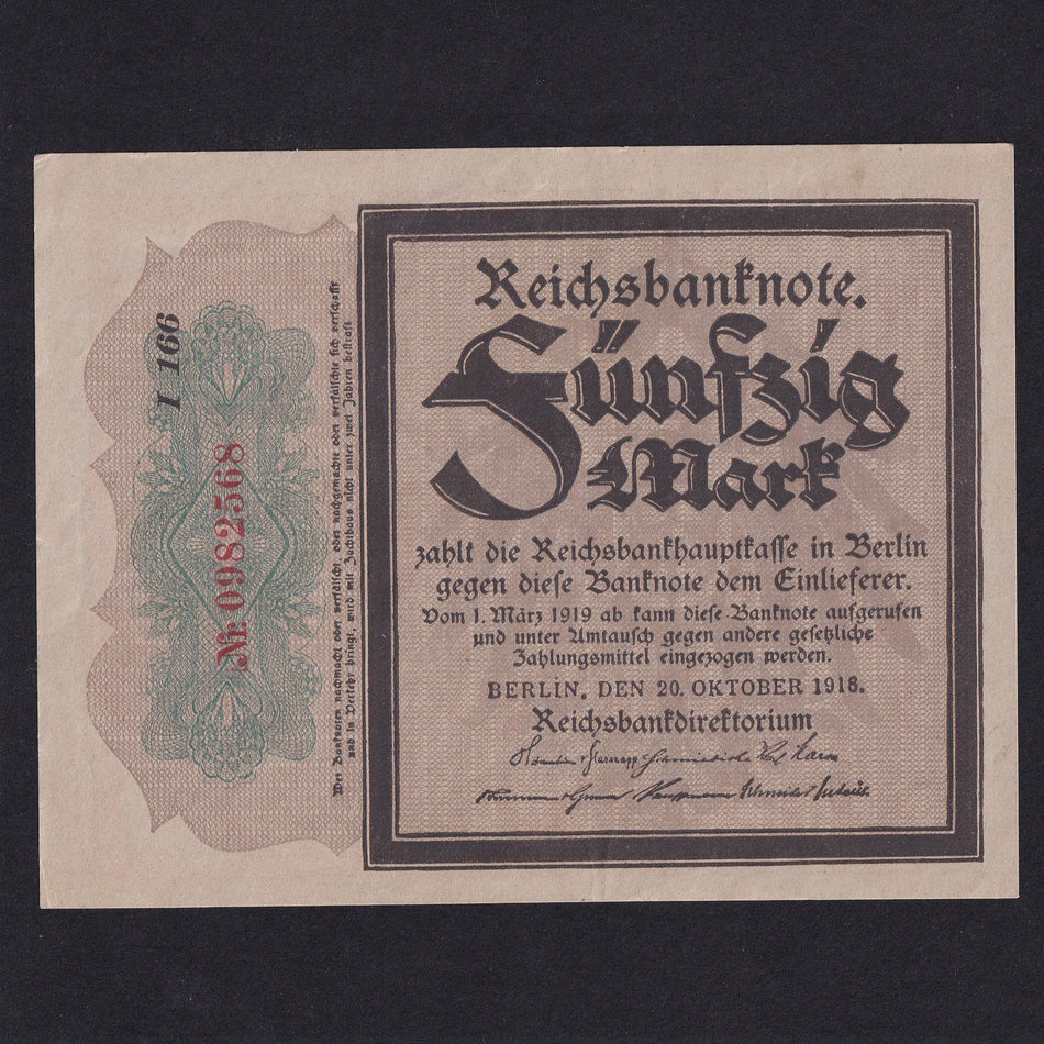 Germany (P.64b) 50 Mark, 20th October 1918, mourning note, no.0982568, watermark B, Good VF